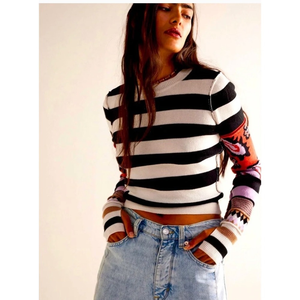 NWOT We The Free People Vintage Crush Cuff Top XS Mixed Print Stripe Retro Artsy